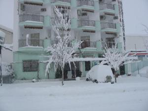 un edificio cubierto de nieve con árboles delante en Hostal Ruta Del Sur, en Huéscar