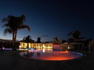 奧特朗托的住宿－La Pineta Residence，棕榈树和灯光的夜间游泳池