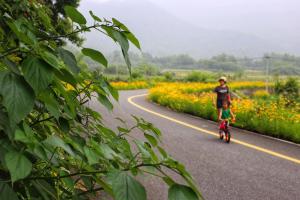 a person riding a bike down a road at 桐庐舍予民宿 Tonglu Sheyu Country House in Tonglu