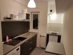 a small kitchen with a sink and a microwave at Marcos Apartments in Reşiţa