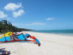 a kite laying on a sandy beach next to the ocean at Bakwa Lodge in Rodrigues Island