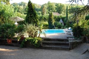 a swimming pool in a garden with plants and a chair at Chambres d'hôtes Les Pratges in Figeac
