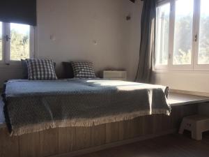 een slaapkamer met een bed met een blauwe deken en ramen bij Villa Tillia in Panormos Skopelos