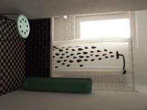 a bathroom with a shower with a window and a clock at Apartament KoKi Retro in Gdynia