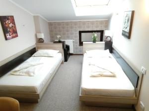 a room with two beds and a mirror at La Cristina in Slatina