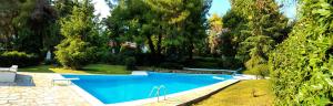 a large blue swimming pool in a yard with trees at Sani Pool Beach Villa in Sani Beach