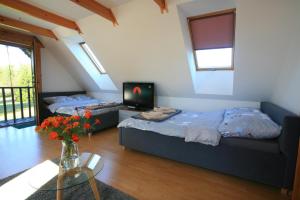 a bedroom with two beds and a table with a tv at Uroczysko Teremiski in Białowieża +17 photos