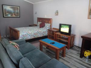 a living room with a couch and a bed at Otentik guesthouse in Mbabane