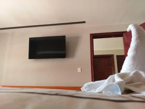 1 dormitorio con TV de pantalla plana en la pared en 9 Estrellas Casa Hotel, en Comitán de Domínguez