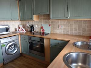 a kitchen with green cabinets and a washing machine at Brook Lodge Country Cottage in Doncaster