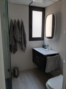 a bathroom with a sink and a mirror and a toilet at Nuevo junto a Catedral in Murcia