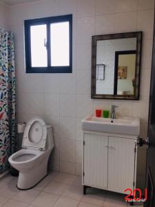 a bathroom with a toilet and a sink and a mirror at A-nana Cottage in Puli