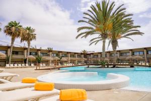 einen Pool in einem Resort mit Stühlen und Palmen in der Unterkunft Oasis Belorizonte in Santa Maria