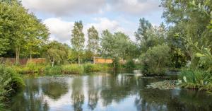 um rio num parque com árvores e arbustos em Sleeps-6 lakeside bell tent - Suffolk em Sudbury