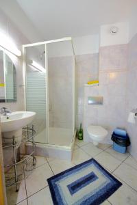 a bathroom with a shower and a sink and a toilet at Restaurant & Hostel "Broadway" in Kliniska