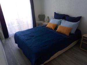 1 cama con sábanas azules y almohadas de color naranja en un dormitorio en Crystal, en Thonon-les-Bains