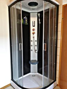 a shower in a glass case in a room at VOLL ausgestattete DG- Wohnung in HDH ruhige zentrale Lage in Heidenheim an der Brenz