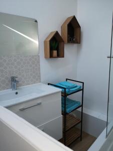 a bathroom with a sink and a mirror at Un Parfum D'embruns Hypercentre Honfleur, fibre in Honfleur