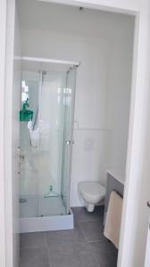 a bathroom with a glass shower and a toilet at Les hauts de Kersudal in Audierne