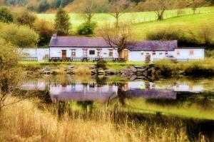 a white building next to a pond with a house at Pen-Y-Bont Hotel in Tal-y-llyn