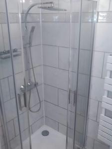 een douche met een glazen deur in de badkamer bij Le Clos Mathilde in Cabourg