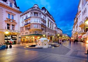 una calle de la ciudad con edificios y una fuente en el medio en Your ONE and ONLY, en Belgrado