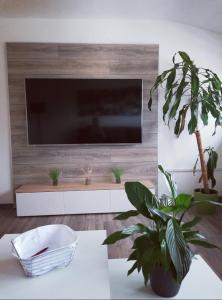 ein Wohnzimmer mit einem Flachbild-TV an der Wand in der Unterkunft Albnest - Wohlfühlen in der nähe der Alb in Karlsruhe