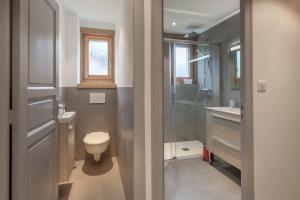 ein Badezimmer mit Toilette, Waschbecken und Dusche in der Unterkunft BERGERS 1 in Morzine + 8 Fotos