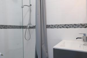 ディジョンにあるLE H APPART BERLIER - COSY & CLEANのバスルーム(シャワーカーテン、シンク付)