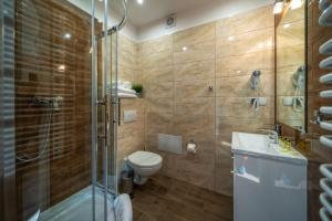 a bathroom with a toilet and a shower and a sink at Apartments 17 Szewska in Krakow