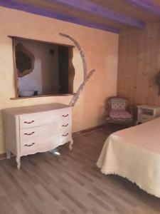 1 dormitorio con 1 cama y vestidor con espejo en Gîte, en Montagny-sur-Grosne