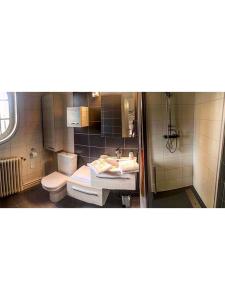 ein Badezimmer mit einem Waschbecken, einem WC und einem Spiegel in der Unterkunft L’inattendu in Chauny