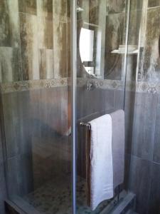 a shower with a glass door and a towel at Trianca guest house in Welkom