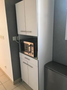 ein weißer Schrank mit einer Mikrowelle darüber in der Unterkunft Appartement au milieu des lacs, au bord du Guiers in Aoste