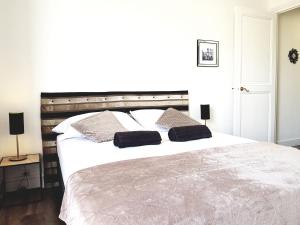 1 dormitorio con 1 cama blanca grande y 2 almohadas en François 1er au Manoir en Grenoble