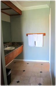 a bathroom with a sink and a mirror and towels at Garden View Inn in Fresno