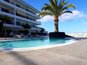 una palmera y una piscina frente a un edificio en Luxury Tagara Beach, en Puerto de Santiago
