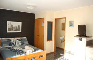 1 dormitorio con 1 cama y TV en Queenstown Holiday Park Creeksyde, en Queenstown