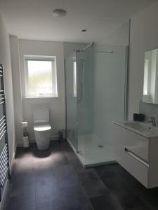 a bathroom with a shower and a toilet and a sink at Cottiscarth Cottages in Finstown