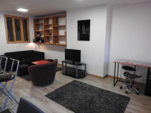 een woonkamer met een bank, een tafel en een televisie bij Appartement hyper centre ville au calme in Besançon