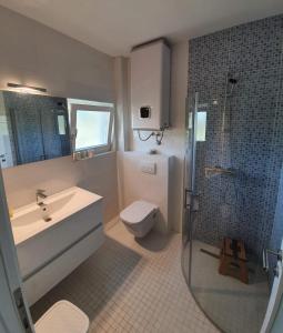 a bathroom with a sink and a toilet and a shower at Villa Buna in Buna
