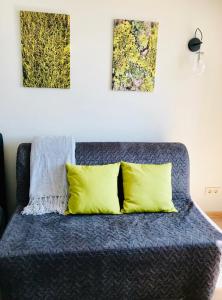 ein Sofa mit zwei gelben Kissen in einem Zimmer in der Unterkunft Cozy apartment with lake view in Trakai