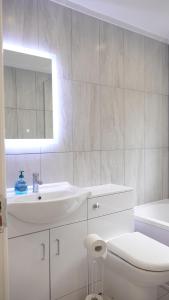 bagno con lavandino, servizi igienici e specchio di The Hatton Rooms a New Bedfont