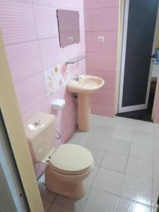 a pink bathroom with a toilet and a sink at MINI VILLA ROSE in Lomé