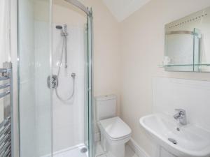 a bathroom with a shower and a toilet and a sink at Pinley Hill House in Hatton