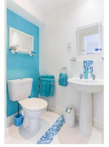 a bathroom with a white toilet and a sink at Tredara Bed & Breakfast in Truro