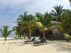 duas cadeiras numa praia com palmeiras em Modessa Island em Roxas