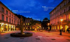 a city street with buildings and a tree in the middle at Mokni's Palais Hotel & SPA in Bad Wildbad