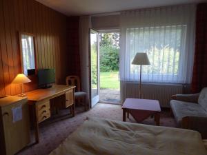 Habitación con cama y escritorio con TV. en Wolfs Hotel, en Clausthal-Zellerfeld