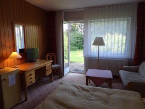 Zimmer mit einem Bett und einem Schreibtisch mit einem TV in der Unterkunft Wolfs Hotel in Clausthal-Zellerfeld